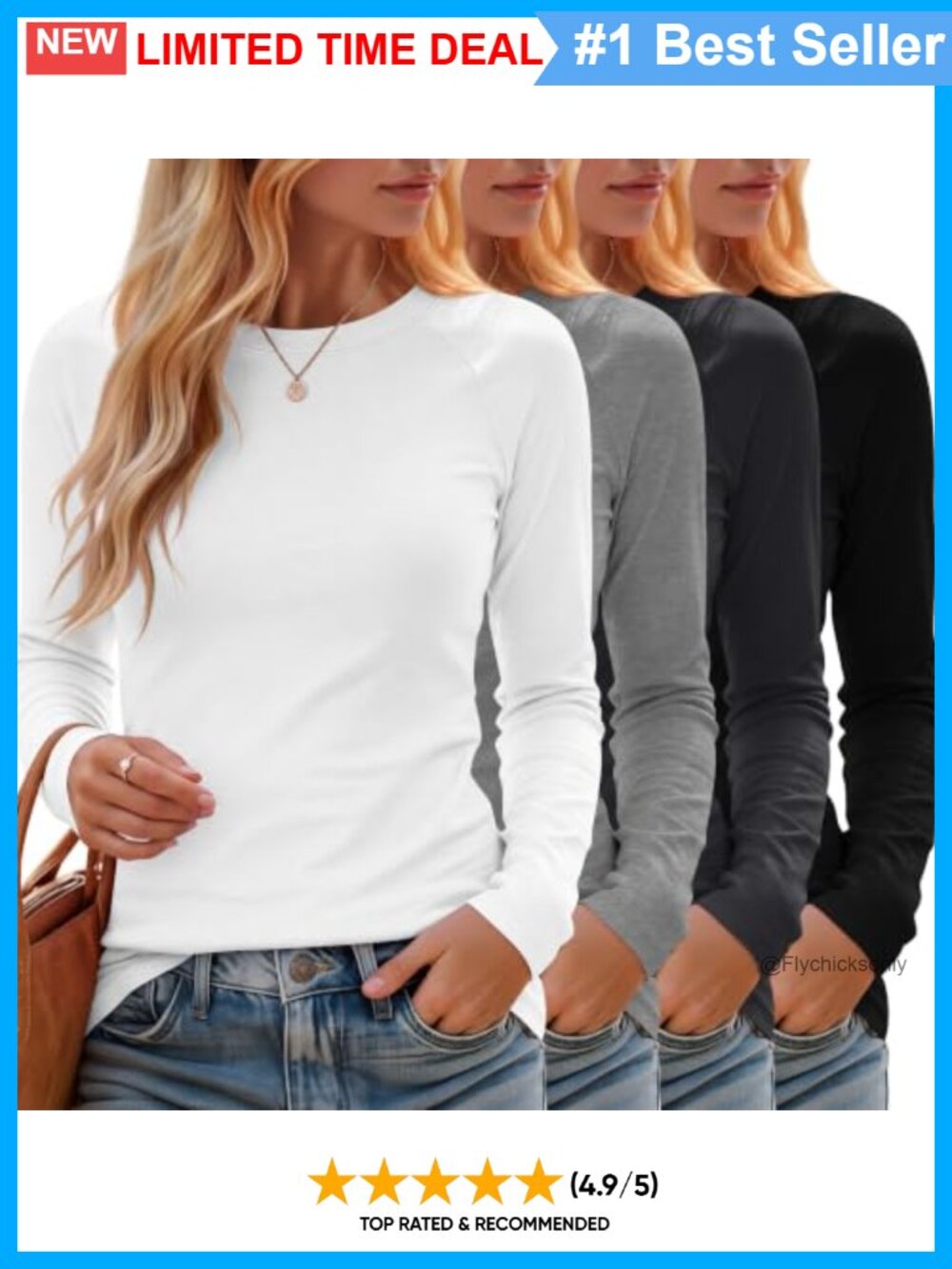 Women's Long Sleeve Cotton Blend Slim Fit Crew Neck T-Shirts 4 Pack